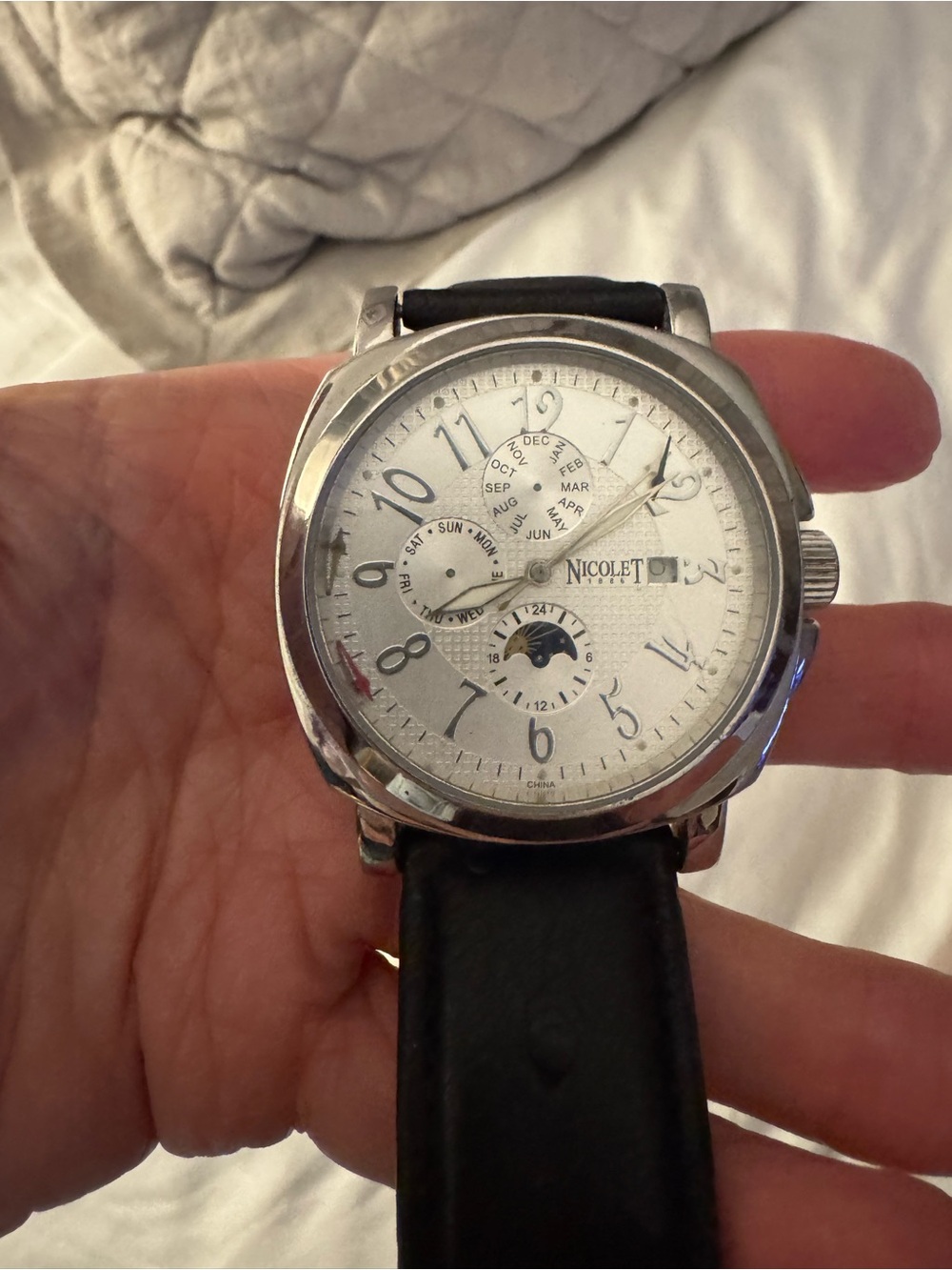 Nicole Men’s Silver Dial Black Leather Strap Watch with Moonphase